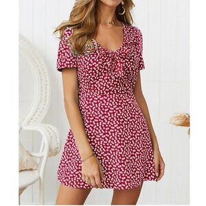 Sucrefas Red Floral Bow Accent V-Neck Dress M